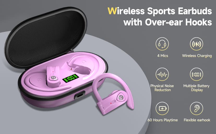 Bluetooth Headphones Noise Canceling 4 Mics Clear Call Stereo Bass Sound 60H Playtime Wireless Charging Case Over Ear Earphones LED Digital Display Headset with Earhooks for Sports Running Workout Gym