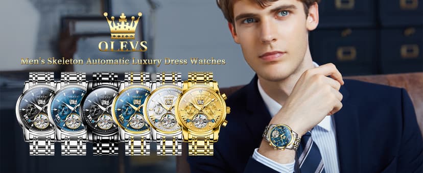 OLEVS Men Automatic Watch Stainless Steel Skeleton Mechanical Date Calendar Luxury Classic Business Waterproof Luminous Wrist Watches