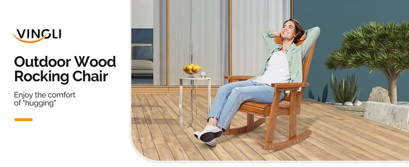 VINGLI Wooden Rocking Chair, Patio Rocker with Higher Backrest, Heavy Duty 600 LBS Outdoor Rocking Chair for Garden, Yard, Balcony, Teak