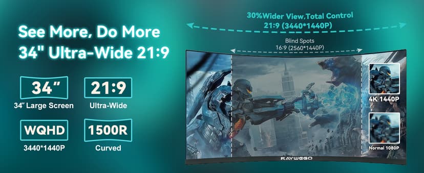 Raywego 34-Inch Curved Gaming Monitor UWQHD 3440 x 1440 Up to 165Hz Curved 1500R - PIP/PBP, 1ms(MPRT), HDR, 300nits, sRGB 99%, DCI-P3 95%,FreeSync,HDMIx2,DP1.4 x2 (DP Cable Included)