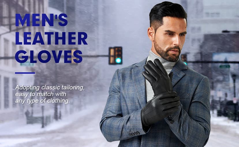 QOF Winter Genuine Leather Gloves for Men, Cashmere Warm Lined Finger Touchscreen Texting Driving Gloves