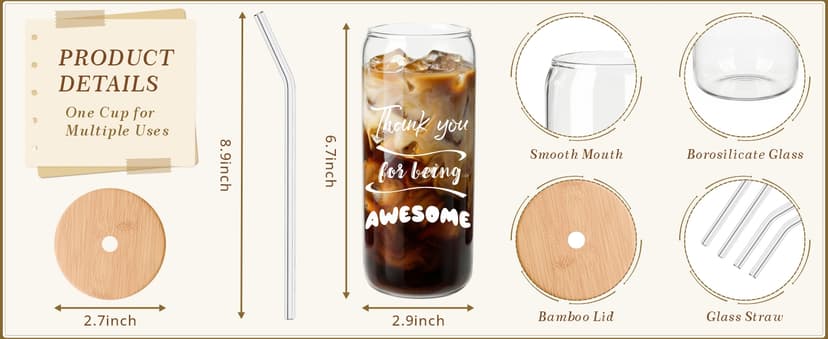 Appreciation Gifts for Team, Employees, Coworkers, Staff, Teacher, Nurse, 20oz Glass Cups with Straws and Lids, Mixed 12 Set Employee Appreciation Gifts, Inspirational Thank You Gifts for Staff B0GSRCKT29
