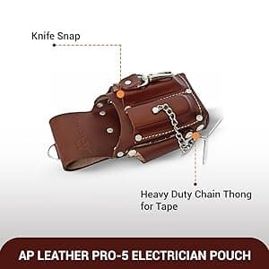 Ap-Leather Pro-5 Electrician Pouch, Leather Tool Pouch, 5 Pocket Pouch with Electrical Tape Holder, Durable Compartments, Tool Pouch with Belt Clip, Dark Brown