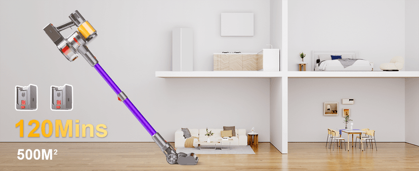 Cordless Vacuum Cleaner, 2 Batteries 120 Mins Runtime, 600W 50KPA Stick Vacuum with Self-Standing, Tangle-Free Brush, LED Display, Vacuum Cleaner for Home Hardwood Floor, Carpet, Pet Hair