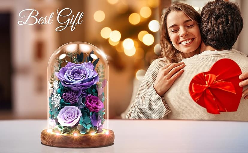 Dsuto Forever Fresh Flowers Bouquet in Glass Dome with Light, Preserved Purple Roses Gifts for Women on Birthdays, Anniversaries, Christmas, Valentine’s Day & Mother’s Day