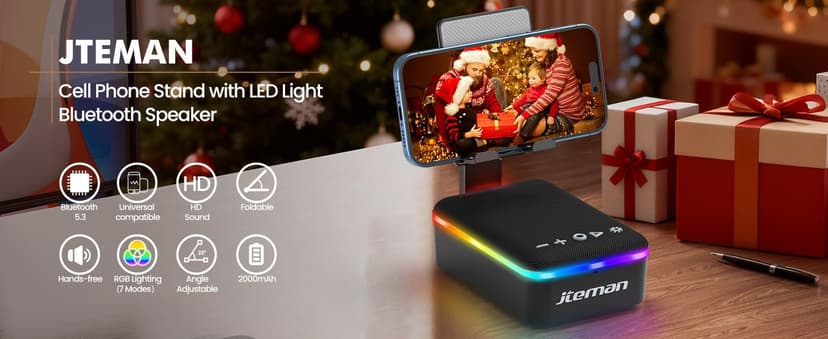 JTEMAN Gifts for Men Women,Cell Phone Stand with Bluetooth Speaker,LED Light,and Lanyard,Cool Tech Gadgets,Unique Birthday Gifts for Men Husband Mom Dad