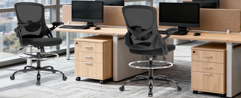 Drafting Chair Ergonomic Comuputer Standing Desk Chair with Flip-Up Arms and Lumbar Support, Tall Office Chair with Adjustable Footrest, Stool Counter Height Office Chairs Black