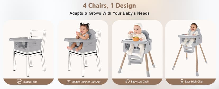 Baby High Chair for 6 Months+, Foldable High Chairs for Babies and Toddlers, Convertible High Chair, Adjustable Tray & Footrest, Portable High Chair & Easy to Clean(Grey with Wood Grain)