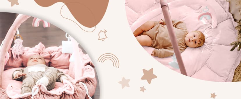 HAN-MM 5-in-1 Convertible Baby Play Gym with 6 Toys, Tummy Time Mat for Sensory Development, Baby Activity Center from Newborn to Toddler, Ball Pit, Soft Plush Pet Mat, Pink