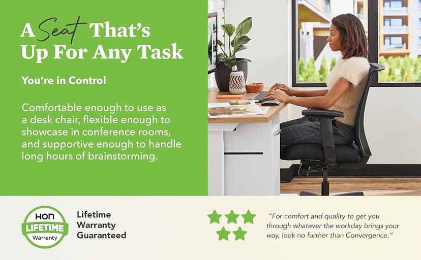 HON Convergence Ergonomic Office Chair with Mesh Back, Adjustable Arms, Lumbar Support, Synchro‑Tilt Desk Chair with Wheels for Home Office or Computer Use, Black Frame, Black