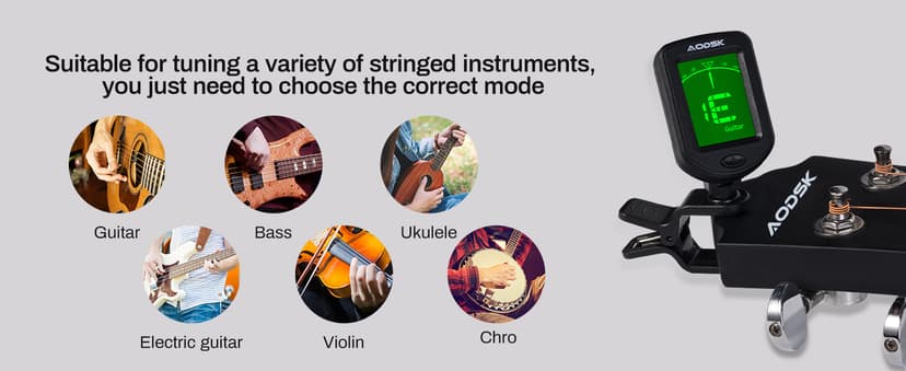 Aodsk Clip-on Guitar Tuner for String Instrument,Digital Electronic Tuner,Large Clear LCD Display,Rotatable,Suitable for Acoustic Guitar,Ukulele,Bass,Violin and Chromatic,with 10 Guitar Picks