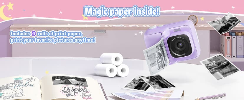 Kids Camera, 1080P Instant Digital Print Camera for Kids, Christmas Birthday Gifts for 4 5 6 7 8 9 10 Year Old Girls Boys, Portable Toy with 32GB SD Card & 3 Rolls Printing Paper, Purple