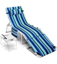 Tall Beach Chairs for Adults, 17" High Backpack Beach Chair with Wooden Armrests, 5 Positions Reclining Heavy Duty Chair with Large Cooler Pouch, Support to 350LBS Striped Blue,1pack