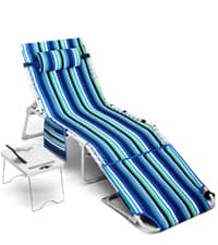 3-in-1 Beach Chair Face Holes, Lounge Chair Outdoor with Folding Side Table, 5-Position Recliner, Lay Flat, Removable Pillow, Heavy Duty, Max 330lbs, Poolside, Patio, Camping, Backyard Striped Blue