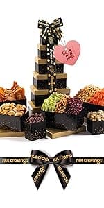 NUT CRAVINGS - Diwali Sweets Hamper Dried Fruit & Mixed Nuts Gift Basket in Black Tower + Ribbon (12 Assortments) Food Arrangement, Healthy Snack Care Package, Food Assortments