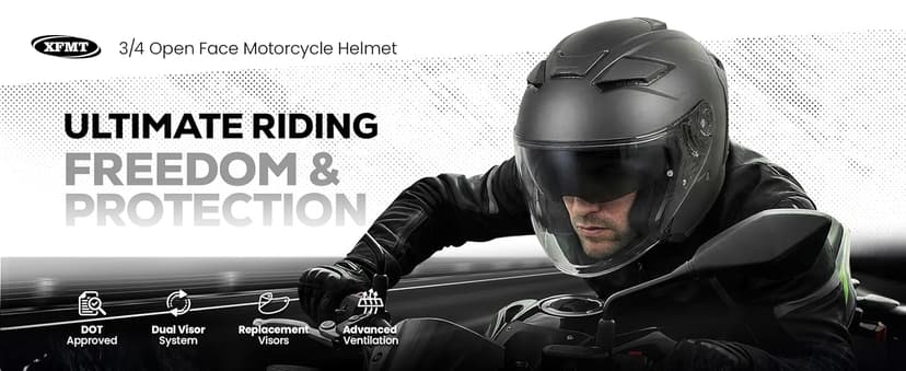 XFMT 3/4 Open Face Motorcycle Helmet Dual Visor Moped Street Bike Scooter Helmet with Internal Sunshield for Adults Men & Women, DOT Approved
