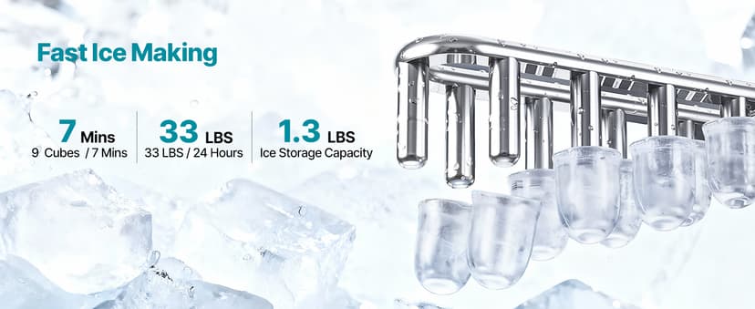 VEVOR Water Dispenser with Ice Maker, 3-in-1 Floor-Standing Water Dispenser, 33 LBS/24H, 9 Cubes/7 Min Fast Ice Making with 1.3 LBS Storage, Bullet Ice-Cubes & Cold-Water, for Home, Kitchen, Party