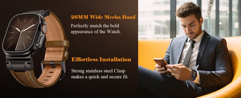 LOIRNBR Leather Bands Compatible with Apple Watch Ultra 3/2/1 Band 49mm 46mm 45mm 44mm 42mm Men, Genuine Leather Metal Connector Strap for iWatch Ultra Series 11/10/9/8/7/SE/6/5/4/3/2/1, Black/Black