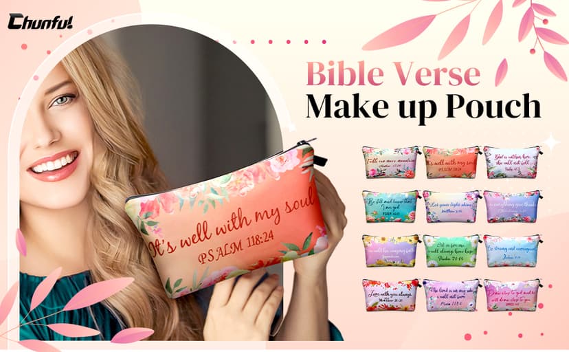 Chunful 12 Pcs Inspirational Christian Gifts Religious Makeup Bags Bulk for Women Bible Verse Flower Cosmetic Bag Thanksgiving Christmas Gift for Church Ladies, 7.48 x 4.72 Inch(Stylish)