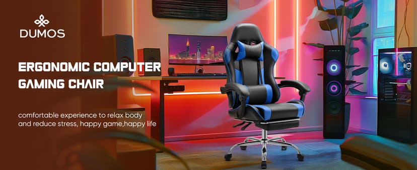 DUMOS Ergonomic Gaming Office Desk Chair with Linkage Armrests for Adults, Height Adjustable Computer Chair with Footrest and Headrest, PU Leather 360° Swivel Recliner with Lumbar Support, Deep Blue