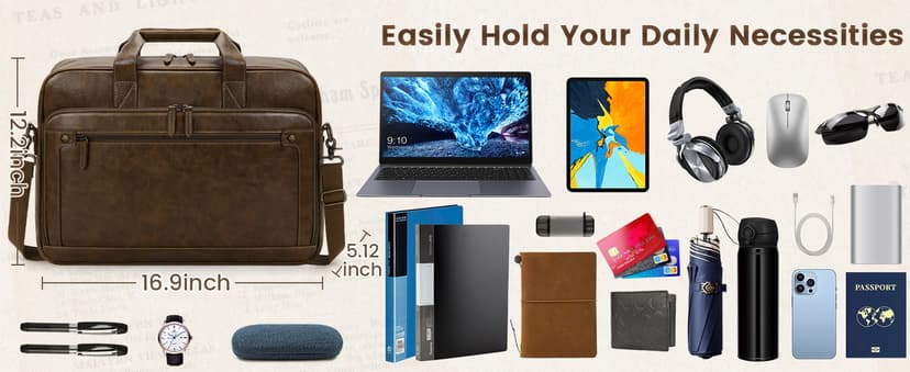 RAINSMORE Mens Laptop Bag 16 Inch Leather Briefcase Vintage Messenger Bag for Men Large Crossbody Shoulder Office Computer Bag Retro College Satchel Bag for Work, Business,Travel, Brown