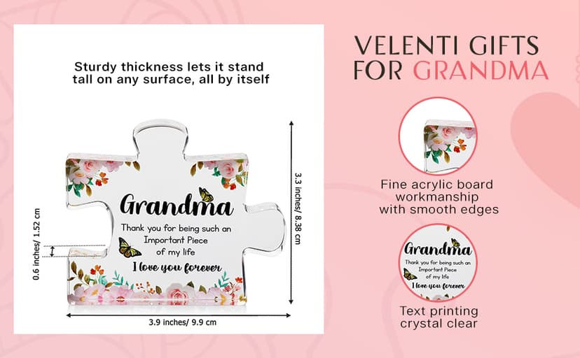 Gifts for Grandma - Engraved Acrylic Puzzle Piece - Mothers Day Adorable Grandma Presents for Birthday, Christmas, Thanksgiving Paperweights - Elegant Decorative Plaque with Lovely Quote - Chic Home