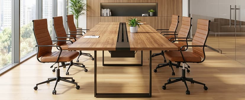 Okeysen Leather Office Desk Chair, Mid-Century Modern Leather Conference Room Chairs, Ergonomic Executive Ribbed Height Adjustable Swivel Rolling Chair for Home Office.