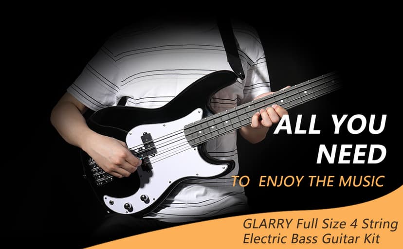 GLARRY Full Size Electric Bass Guitar Beginner Kit 4 String Exquisite Basswood Bass with 20W AMP, Cable, Strap, Bag and Accessories (Black, 39"Right Handed)