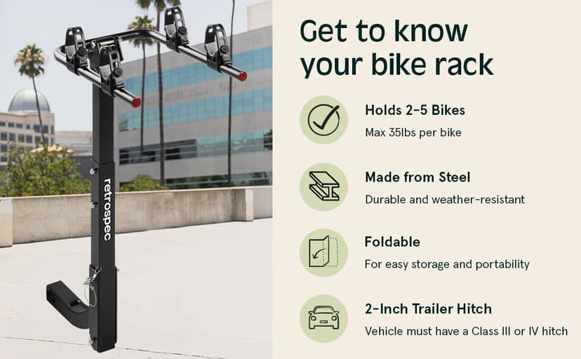 Retrospec Lenox 2-5 - Bike Hitch Rack for Cars, Trucks, SUVs with 2” Hitch | Foldable Steel Frame with Anti-Rattle Adapter, Tie Down Cradles and Straps - Fits Most Frames