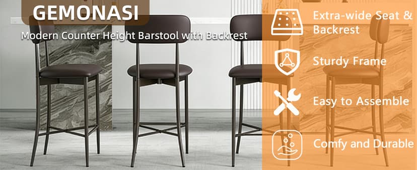 26.3 Inch Counter Height Bar Stools, Modern Counte Stools with Backrest,Counter Height Chairs with Leather Seat, Sturdy Frame and Footrests for Kitchen Island, Dining Room, Counter,Dark Gray