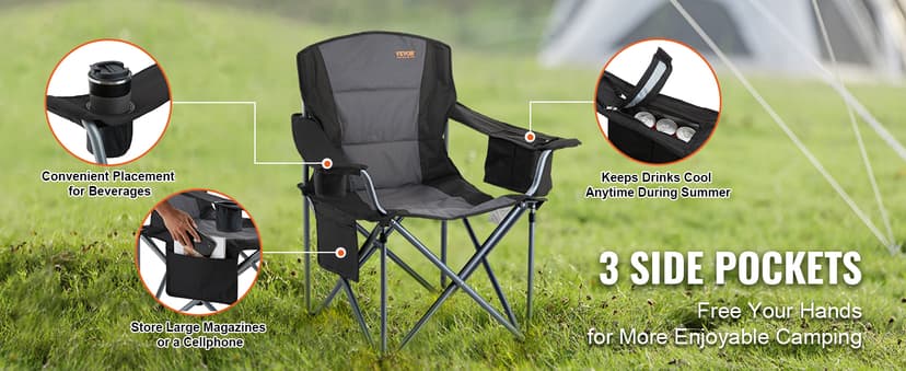 VEVOR Oversized Camping Folding Chair, Portable Heavy Duty Outdoor Quad Lumbar Back Padded with Side Pockets, Cup Holder and Cooler Bag for Beach, Lawn, Picnic, Fishing, Backpacking, Black
