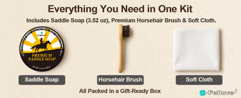 Feilove Saddle Soap for Leather – All-Natural 3-in-1 Leather Cleaner & Conditioner Kit with Horsehair Brush & Cloth – For Boots, Bags, Saddles, Car Interiors, Shoes 3.52oz