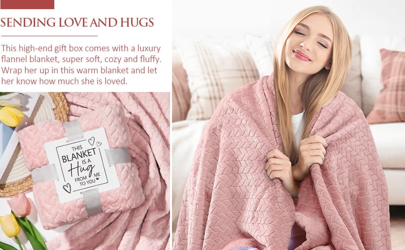 Birthday Gifts for Women Self Care Gifts Get Well Soon Gifts, Rose Relaxing Spa Gifts Basket Care Package w/ Luxury Flannel Blanket, Unique Mothers Day Gifts for Mom Her Friend Sister Wife Grandma