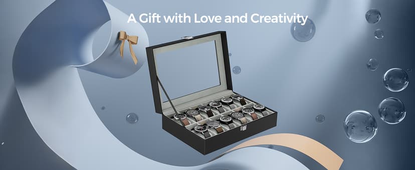 SONGMICS SONGMICS Watch Box, 12-Slot Watch Case Organizer with Large Glass Lid, Removable Pillows, Gift for Loved Ones, Black Synthetic Leather, Gray Lining UJWB12BK