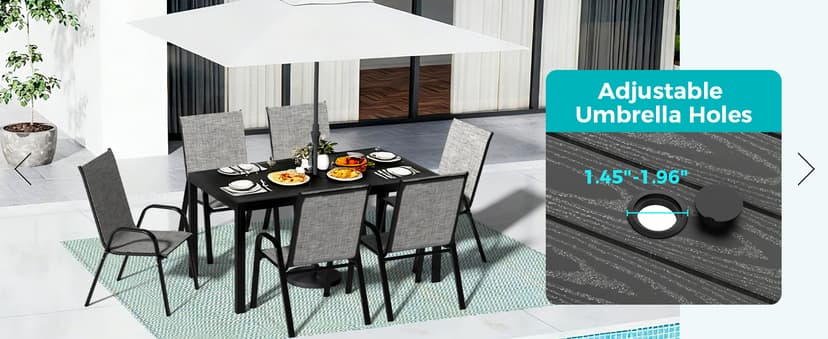 Pamapic Outdoor Dining Sets for 6, Rectangular Steel Slat Table with 6 Textilene Chairs, 7 Piece Patio Table and Chairs Set with Umbrella Hole for Patio, Garden, Backyard and Poolside (Grey)