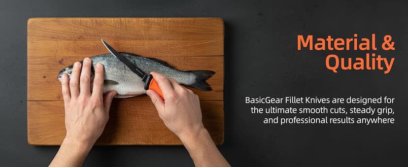 BasicGear Fishing Fillet Knife Set of 4 – 5”, 7”, 8”, 9” 440C Stainless Steel Knives with Non-Stick Blades, Sheaths, Sharpener, and Carry Bag – Deboning and Filleting Tools for All Fish Types