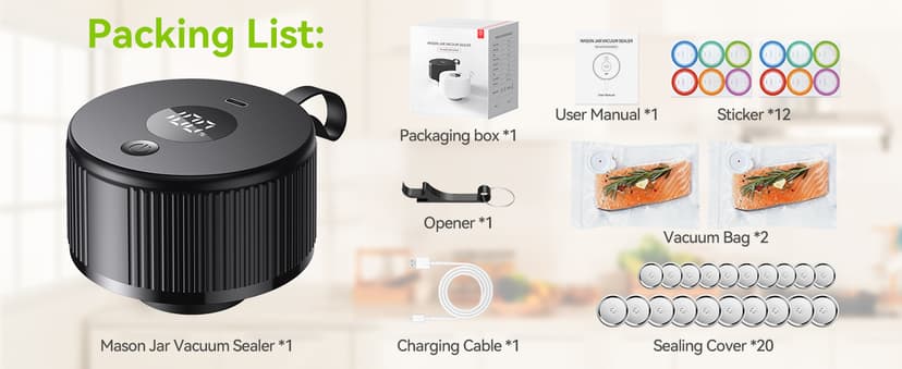 Upgraded 3-in-1 Electric Mason Jar Vacuum Sealer Kit for Mason Jars, Food Savers & Containers | Food Preservation System for Kitchen | Ideal for Canning Jams, Pickles, Dry Foods, Grains & Leftovers