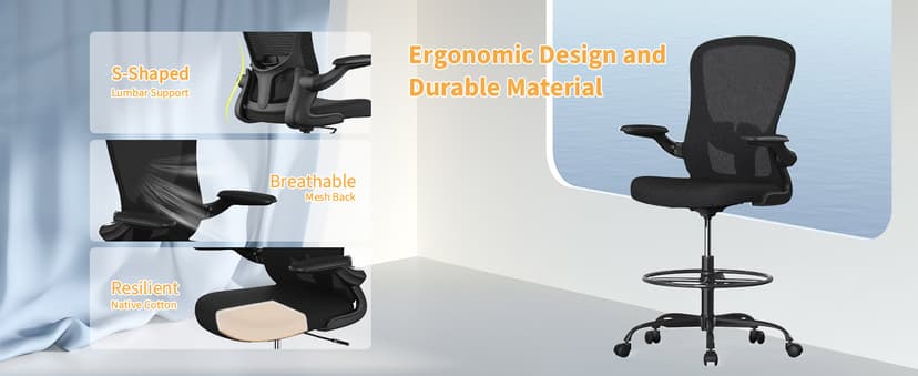 Drafting Chair, Tall Office Chair with Flip-up Armrests Executive Ergonomic Computer Standing Desk Chair, Office Drafting Chair with Lumbar Support and Adjustable Footrest Ring