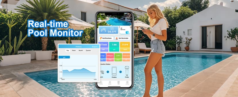 Smart Pool Monitor Pro, Digital Pool Water Tester for Chlorine/pH/ORP/Salinity/TDS/EC with App View, Electronic Pool Chemical Tester for Hot Tub & Spa