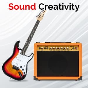 LyxPro 40 Watt Electric Guitar Amplifier | Solid State Studio Amp with 8” 4-Ohm Speaker, Custom EQ Controls, Drive, Delay, ¼” Passive/Active/Microphone Inputs, Aux in & Headphone Jack - Sunburst