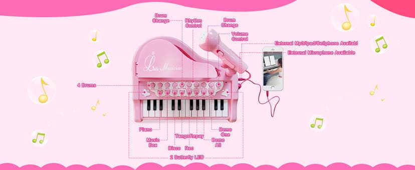 Kids Piano with 22 songs, 8 Percussion Sounds, LED lights, 4 Instrument Modes and Connect to MP3, Phone & Tablet Love&Mini Piano Toys for Girls, 24-Key with Mic, Record & Playback, Ages 3+ B08RB4H9ZN