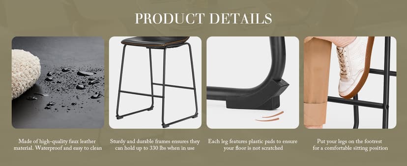 DUMOS 26 Inch Counter Height Bar Stools Set of 4, Modern Faux Leather High Barstools with Back and Metal Leg, Bar Chairs for Kitchen lsland, Black