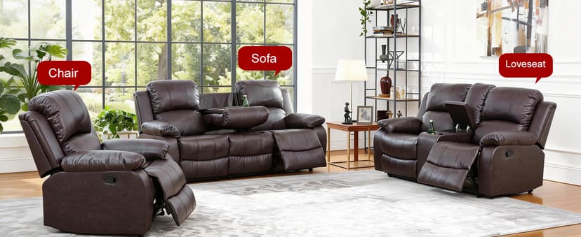 Saxum Tegmen Living Room Furniture Sets, Leather Recliner Sofa, Sectional Sofa Set with Convertible Table & Cup Holders, 3 Pieces Furniture for Living Room/RV/Office (3 Pieces Set, Brown Leather)