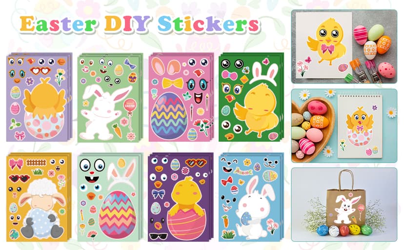 OHOME Easter Basket Stuffers for Kids - DIY Happy Egg Bunny Sticker Crafts Stickers for Toddlers,Kids Easter Gifts Decor Treats Games Toys Activities Party Favor Supplies(24 Sheets) B0CQ2MRY7Z