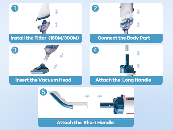 Pool Vacuum for Above Ground Pool with a Telescopic Pole, Running time up to 1H, T403 Handheld Rechargeable Pool Cleaner with Powerful Suction up to 18.5 gallons/min, Ideal for Leaves, Debris