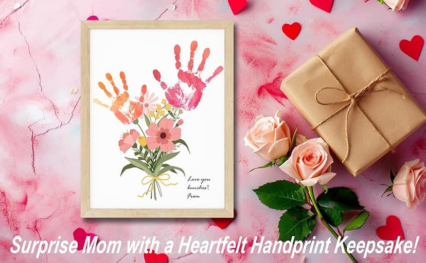 TwoDays Flower Bouquet Handprint Art Craft DIY Kit, Unique Gifts for Mom from Daughter or Son for Mother's Day Birthday Christmas, Gift for Grandma.(12" X 16", with Wood Frame)