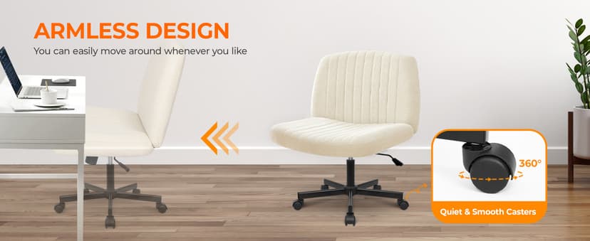 Orange Factory Criss Cross Chair Wheels Wide Cross Legged Office Desk Vanity Chair Comfy Fabric Armless Adjustable Swivel for Home Computer Task (Beige Wheel, Fabric)