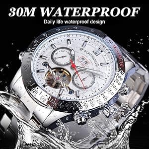 FORSINING Men Tourbillon Mechanical Self-Wind Watch, Day Date Month Full Calendar, Luminous Tachymeter Multifunctional Automatic Watches, Carved Big Dial Stainless Steel Band Wrist Watch
