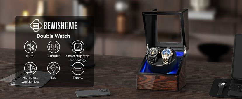 BEWISHOME BEWISHOME Watch Winder for Automatic Watches, Automatic Watch Winder Box Watch Spinner with LED Light, Double Watch Winder with Quiet Motor Wooden 4 Modes Battery or Type-C Adapter, Brown SYQ02Y