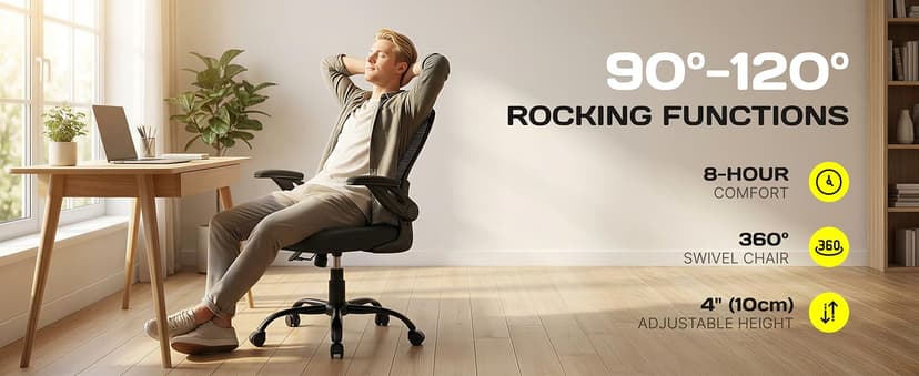 Ergonomic Office Chair, 300 lbs Heavy Duty Mesh Computer Chair with Adjustable Lumbar Support, 90° Flip-up Arms Space Saving Desk Chair, Mid Back Breathable Task Chair for Home Office, Black